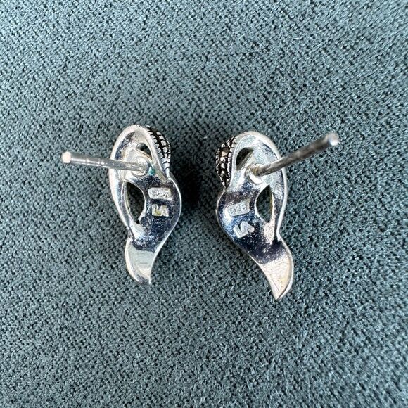 Elegant Sterling Silver Marcasite Earrings Curved Wing Earrings with Gemstone - Picture 8 of 17